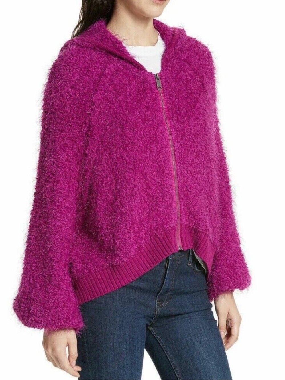 Free People Furry Time Fuchsia Hooded Zip Jacket Fuzzy Boucle Size M
